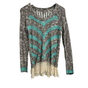 Vanity Open Knit Sweater Womens M Lace Trim Chevron Pattern Gray Aqua Cozy NEW